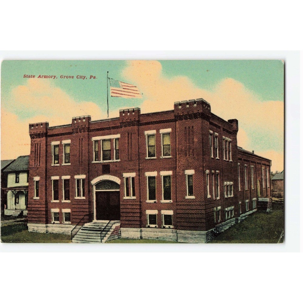 Vintage 1910 State Armory Grove City PA Postcard Benjamin Franklin Stamp VG-